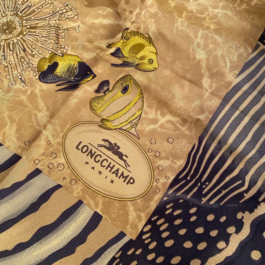 Longchamp Paris Silk Scarf With Beige And Navy Silk Scarf With Yellow Fish Motif